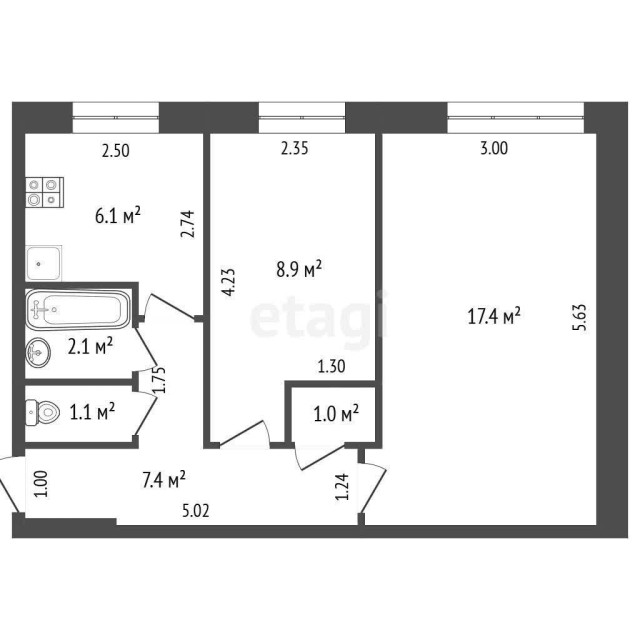 2 комн., 44 м², Блочный, Жатай 14