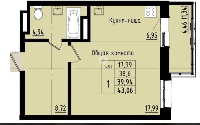 1 комн., Монолитно-каркасный 2