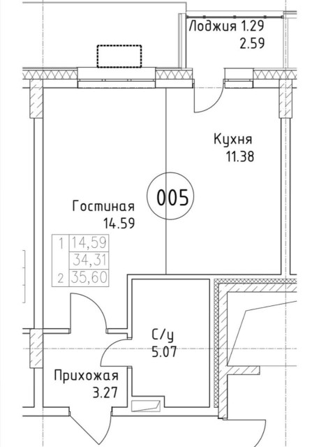 1 комн., 35 м², Монолитно-каркасный 2