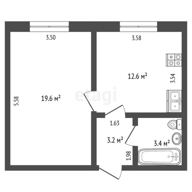 2 комн., 39 м², Инд. планировка, Поликлиника 1 6