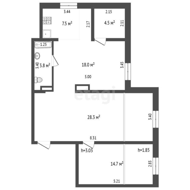 2 комн., 77 м², 112 серия, Сахацирк 11
