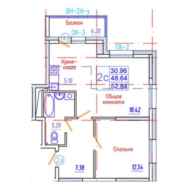 2 комн., 53 м², Инд. планировка, Гимеин 2