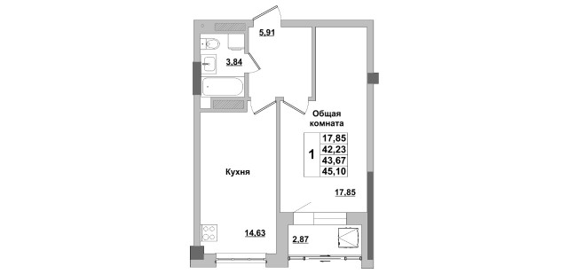 1 комн., 43 м², Монолитно-каркасный, Автодорожная 3