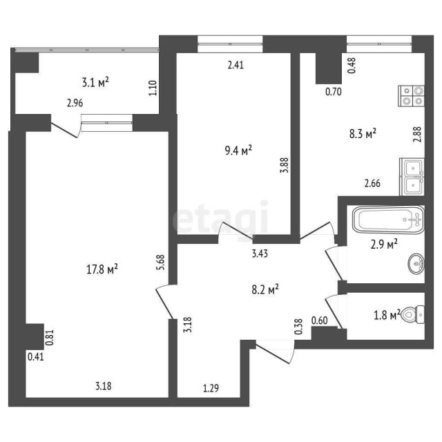 2 комн., 48 м², Монолитно-каркасный, Вилюйский тракт