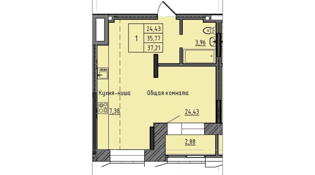 1 комн., 37 м², Монолитно-каркасный, Залог 2