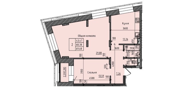 2 комн., 69 м², Монолитно-каркасный, Залог