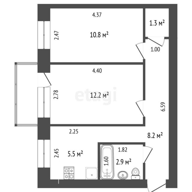 2 комн., 42 м², Хрущевка, Центр - район пл. Орджоникидзе 7