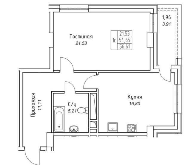 2 комн., Монолитно-каркасный, Прометей, ЖК 3