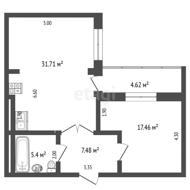 2 комн., 63 м², Монолитно-каркасный, Рынок Столичный 3