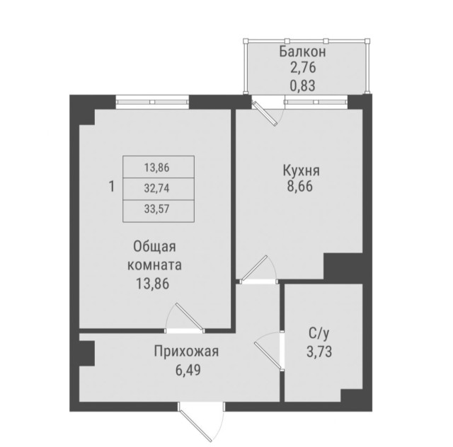 1 комн., 33 м², Монолитно-каркасный, Авторынок