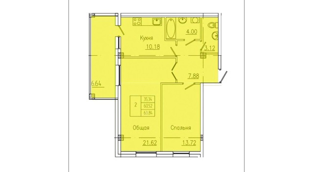 2 комн., 63 м², Монолитно-каркасный, Глазная больница 4