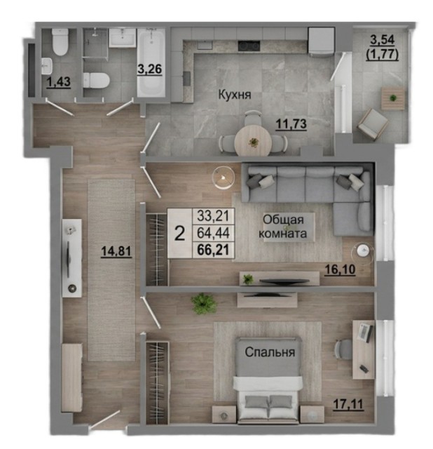 2 комн., 66 м², Монолитно-каркасный, Автодорожная 7