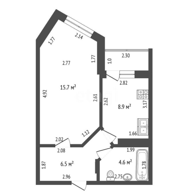 1 комн., 36 м², Монолитно-каркасный, 17 квартал 12