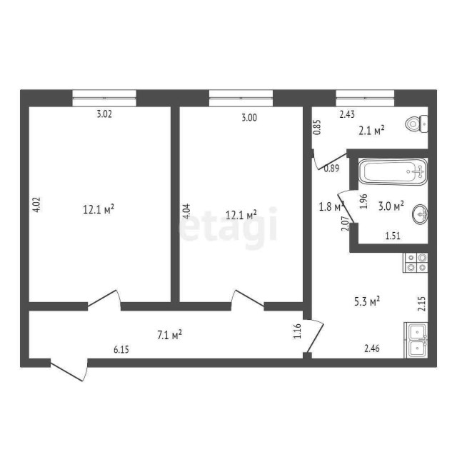 2 комн., 47 м², Инд. планировка, Авиапорт 3