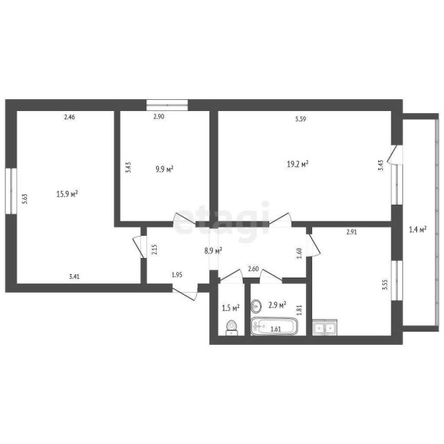 3 комн., 67 м², Инд. планировка, Жатай 19