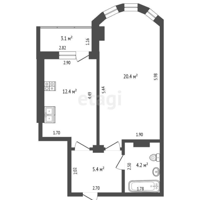 1 комн., 42 м², Монолитно-каркасный, 103 квартал (Ростелеком) 6