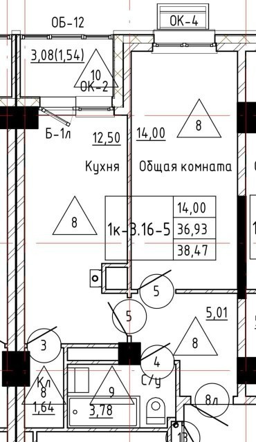 1 комн., 38 м², Монолитно-каркасный, Областная больница, рынок "Манньыаттаах" 2