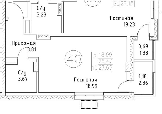 Студия, 27 м², Монолитно-каркасный 3