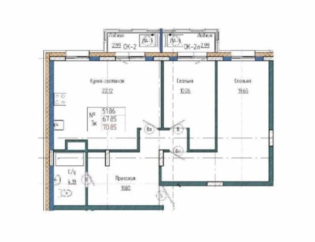 3 комн., 70 м², Монолитно-каркасный, Авиапорт