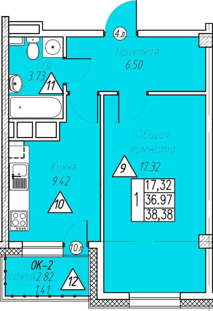 1 комн., 38 м², Монолитно-каркасный, Авторынок 2