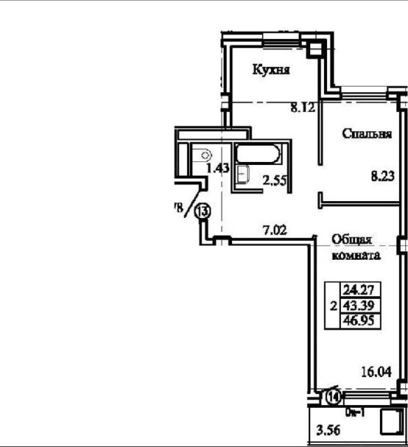 2 комн., 42 м², Монолитно-каркасный, Сайсары 10