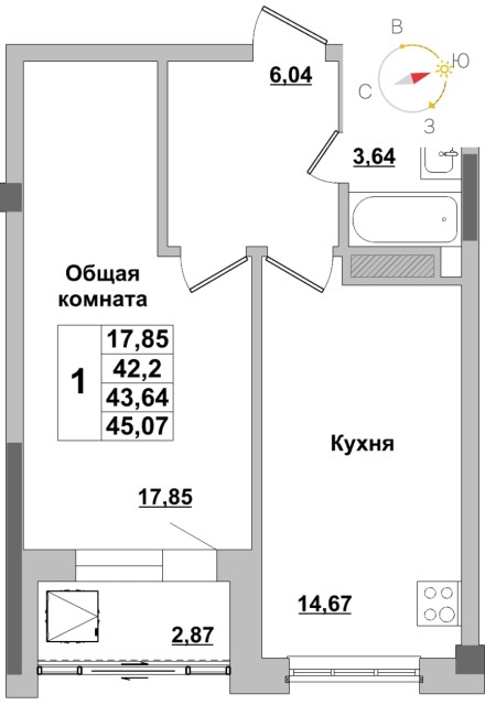 1 комн., 44 м², Монолитно-каркасный, Автодорожная 2