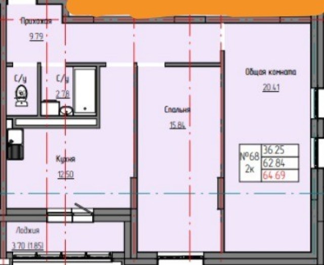2 комн., 65 м², Монолитно-каркасный, ДСК 2