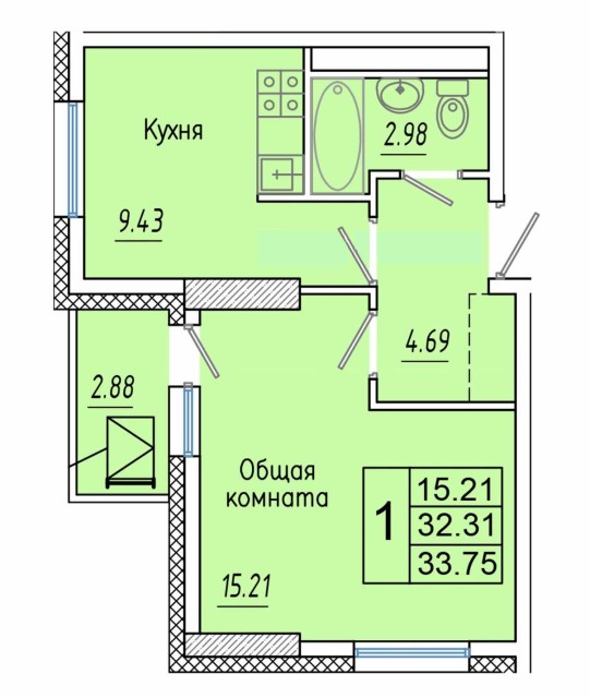 1 комн., 33 м², Монолитно-каркасный, Глазная больница