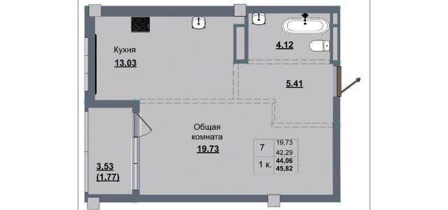 1 комн., 44 м², Монолитно-каркасный, Рынок Столичный 3