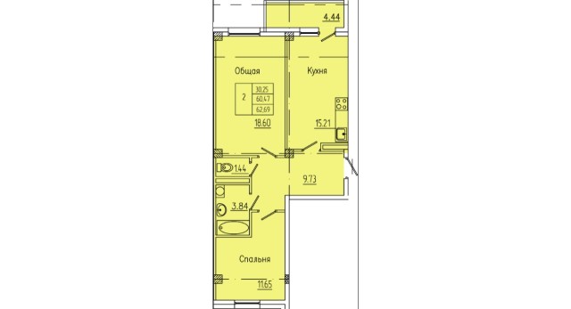 2 комн., 62 м², Монолитно-каркасный, Апельсин 2