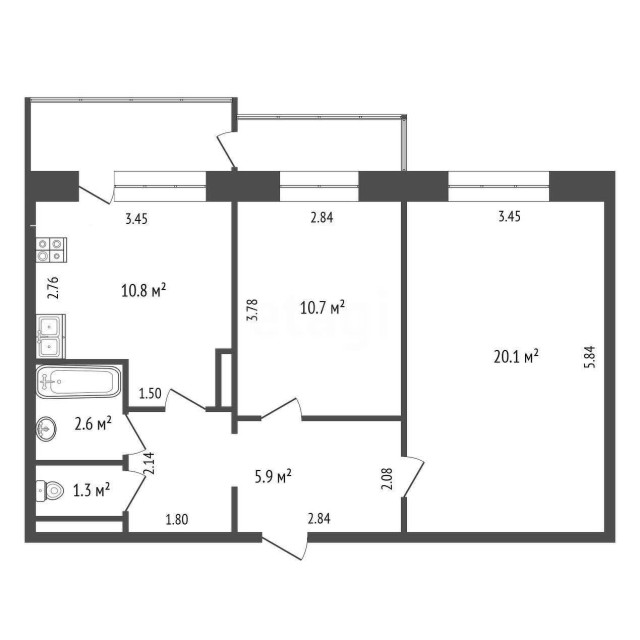 2 комн., 55 м², 112 серия, Сахацирк 3