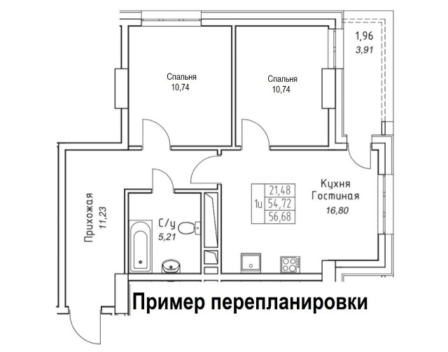 2 комн., 56 м², Монолитно-каркасный, Прометей, ЖК 3