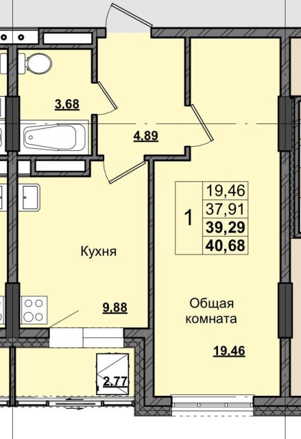 1 комн., 40 м², Монолитно-каркасный, Залог 13