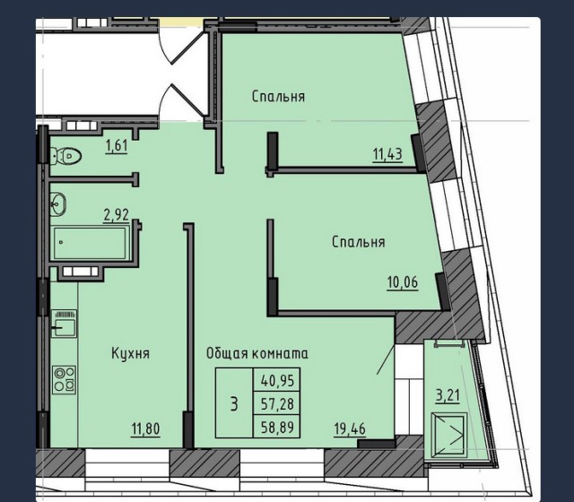 3 комн., 58 м², Инд. планировка, Залог 2