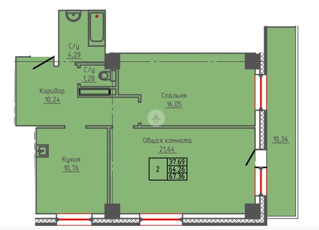 2 комн., 67 м², Монолитно-каркасный, Автовокзал 2
