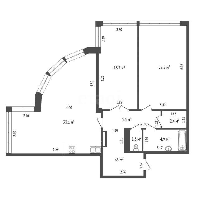3 комн., 95 м², Монолитно-каркасный, Вавилон 3
