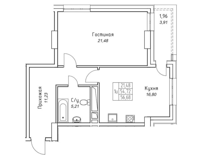 2 комн., 56 м², Монолитно-каркасный, Прометей, ЖК 2