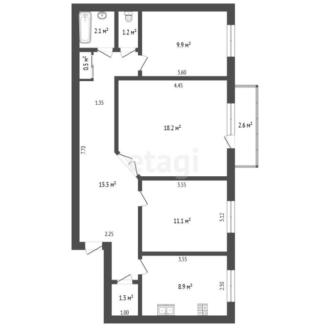 3 комн., 69 м², Инд. планировка, Гимеин 2