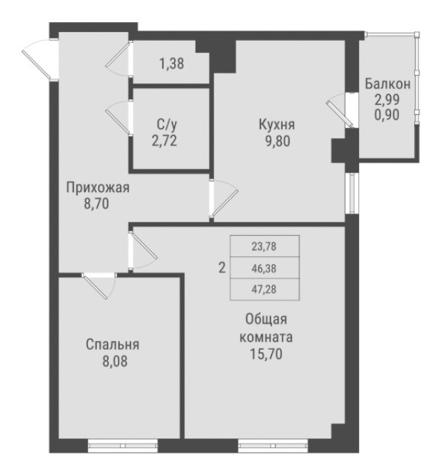 2 комн., Монолитно-каркасный, Рынок Столичный