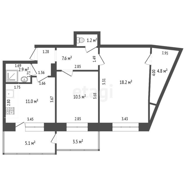 2 комн., 56 м², 112 серия, 202 мкрн. 7