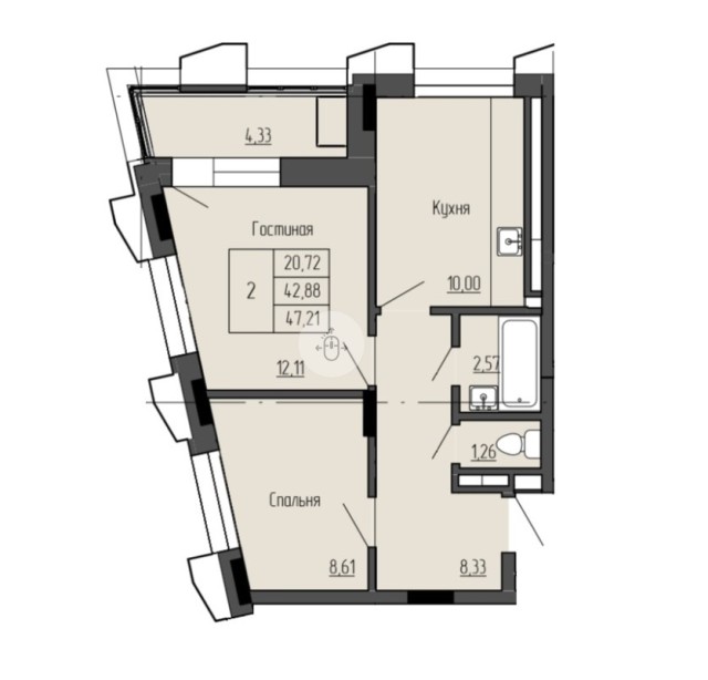 2 комн., Монолитно-каркасный, Кинотеатр Лена 2