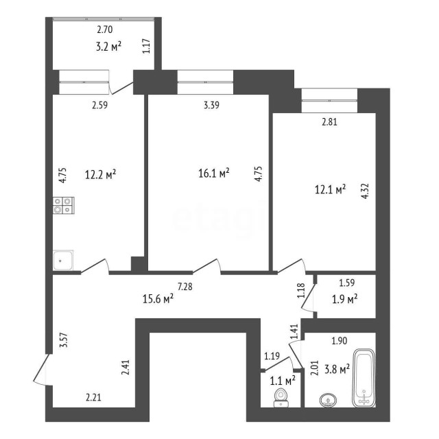 2 комн., 63 м², Инд. планировка, Поселок Геологов, Борисовка-1 3