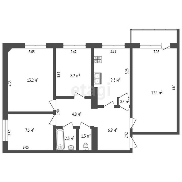 4 комн., 72 м², КПД, Авиапорт 3