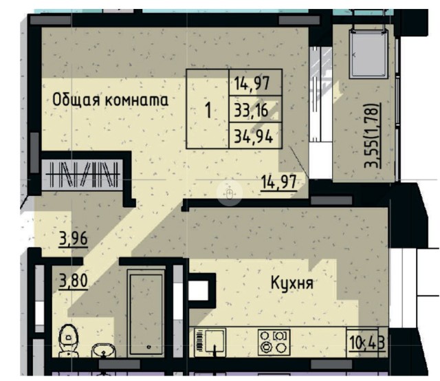 1 комн., 34 м², Монолитно-каркасный, Сайсары 2