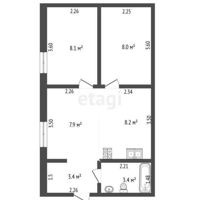2 комн., 39 м², Инд. планировка, Поселок Геологов, Борисовка-1 3