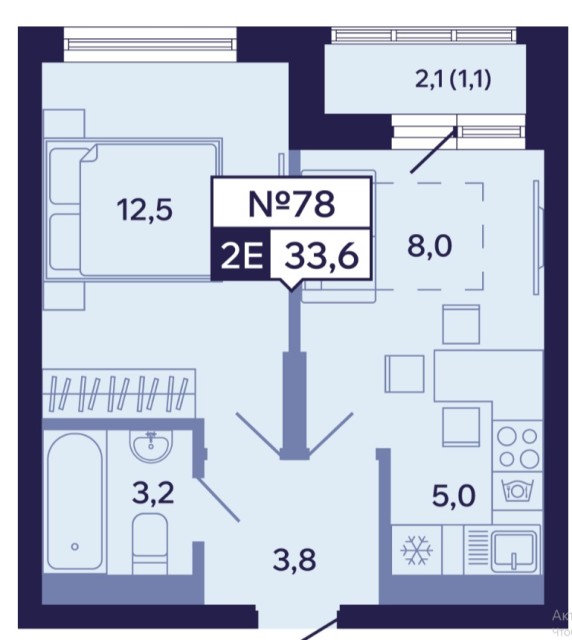 2 комн., 35 м², Монолитно-каркасный, Речпорт