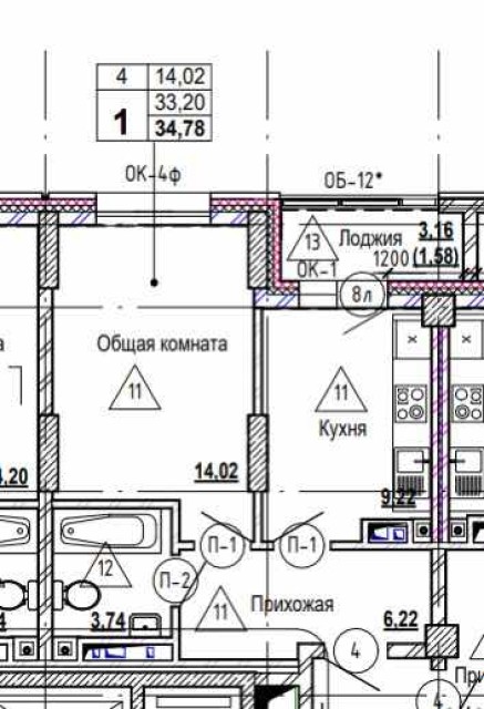 1 комн., 34 м², Монолитно-каркасный, 103 квартал (Ростелеком) 2