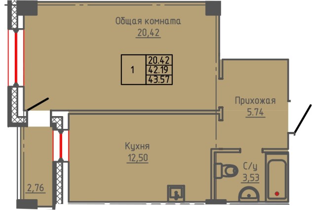 1 комн., 43 м², Монолитно-каркасный, Центр - район пл. Комсомольская 2