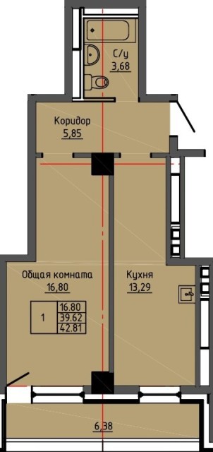 1 комн., 42 м², Монолитно-каркасный, Палладиум
