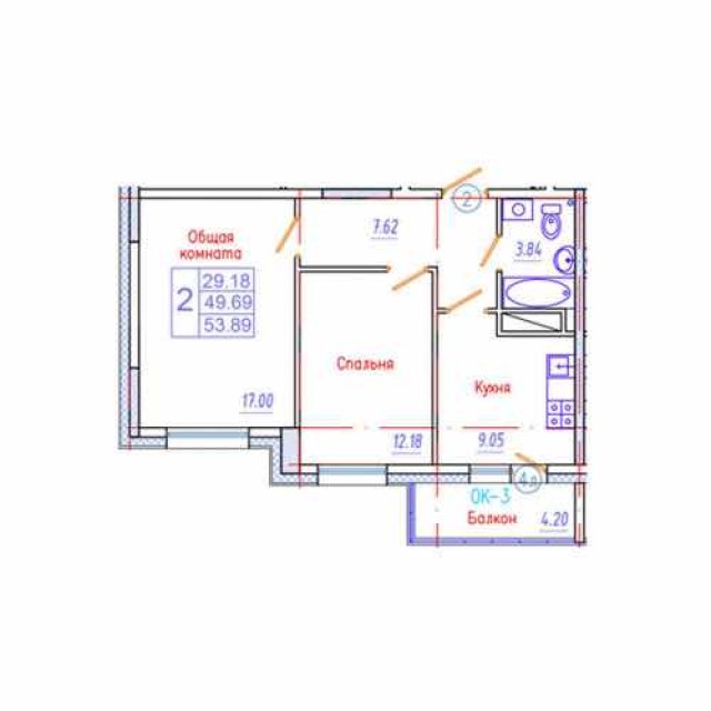 2 комн., 53 м², Монолитно-каркасный, Гимеин 2